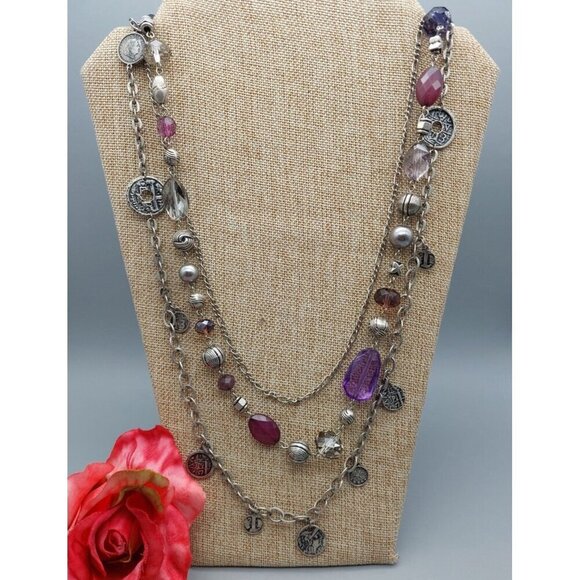 Premier Designs Silver Tone Purple Multi Strand Layered Chain Coin Necklace 32" - Picture 2 of 11